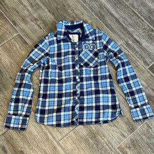 Justice Girls Flannel Shirt‎ Owl Pocket Long Sleeve Blue Plaid Size 10
